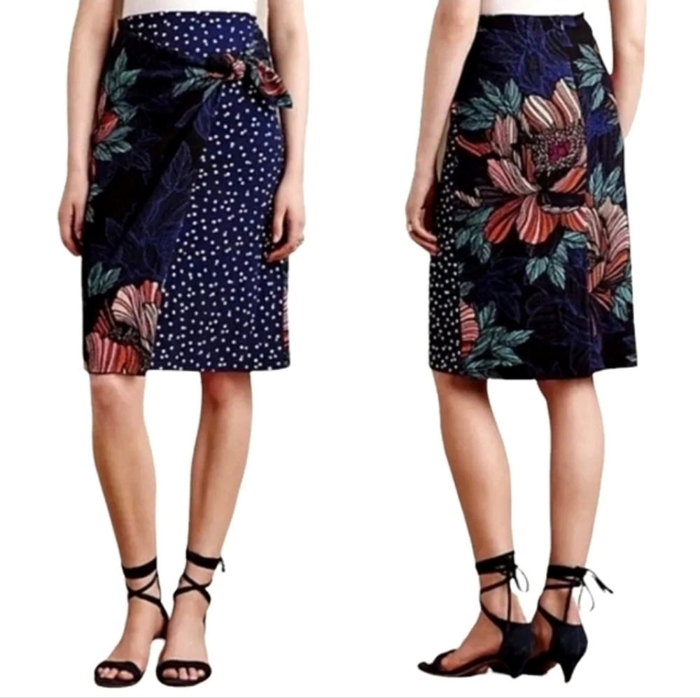 Anthropologie Maeve Polka Dot Floral Wrap Skirt, Size 4
